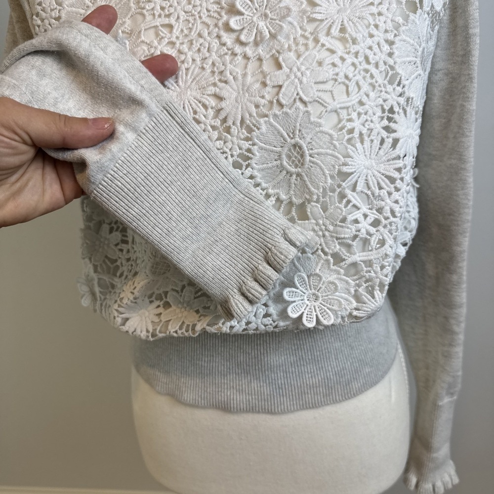 French Connection Floral Lace Sweater Womens S Gray Ivory Mock Neck Romantic - Picture 4 of 11